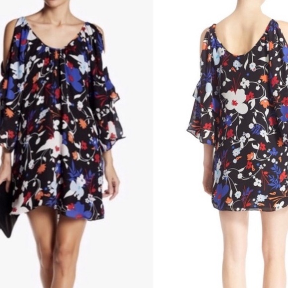 PARKER SILK COLD SHOULDER DOUBLE BELL SLEEVE MINI DRESS IN MINT ZEBRA PRINT SZ S - Picture 5 of 14